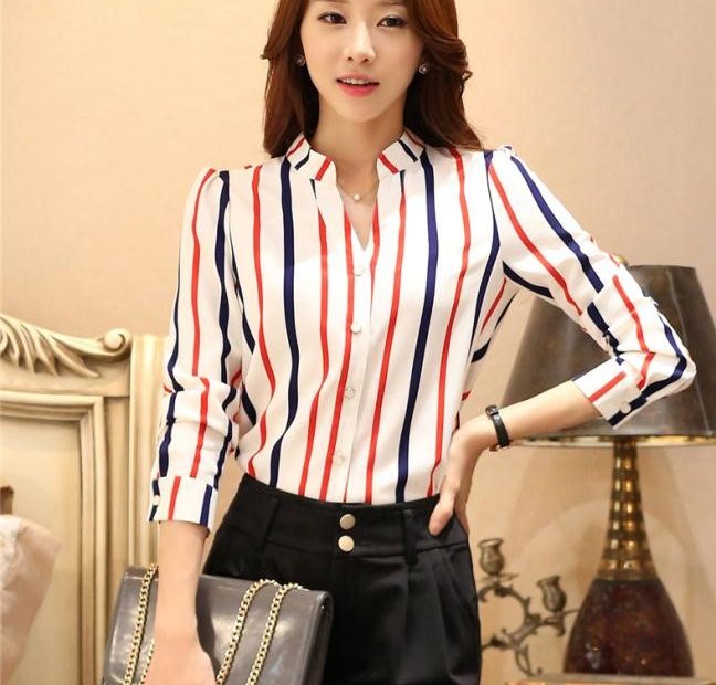Áo Sơ Mi Sọc Kẻ Đồng Phục Cho Nữ Phong Cách Thời Trang Hàn Quốc