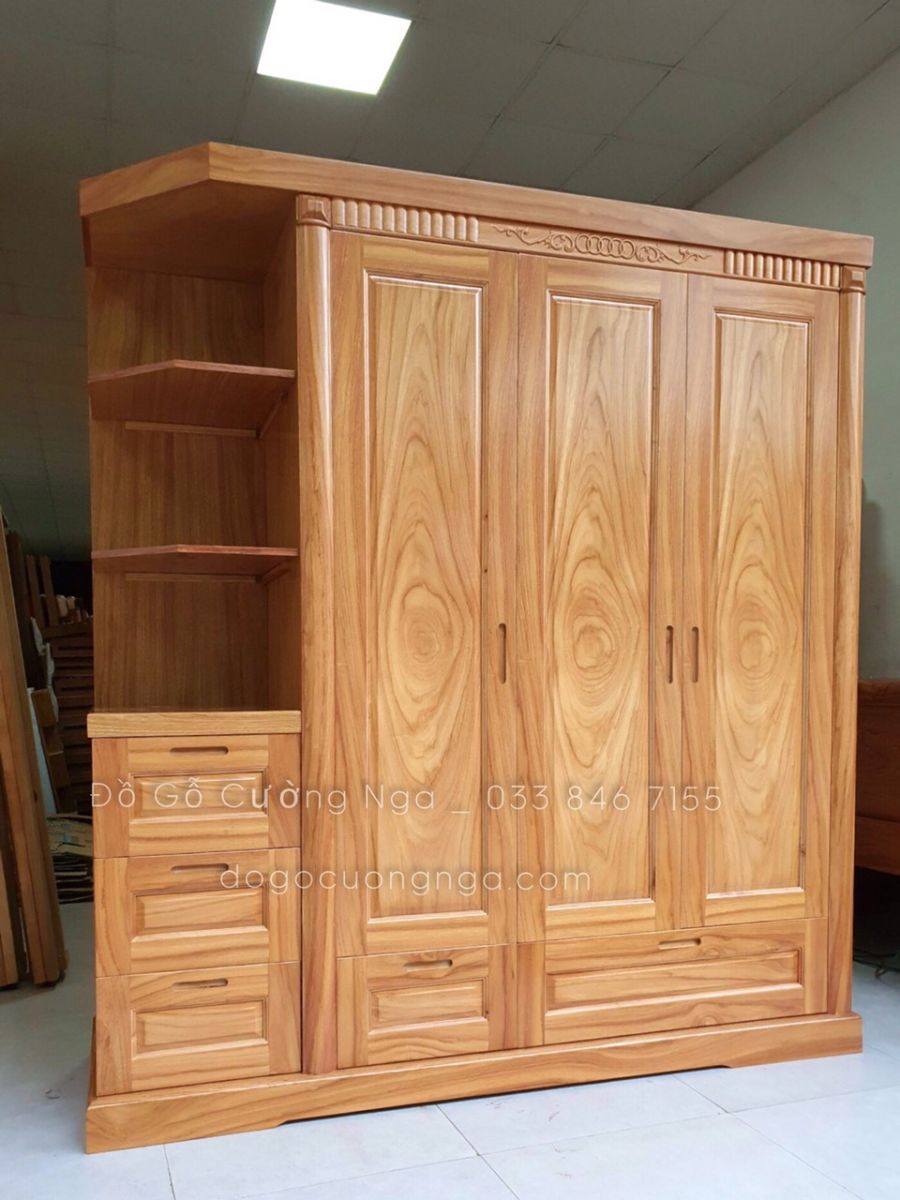 Tủ Áo Gỗ Gõ Đỏ 3 Cánh Có Kệ Trang Trí Giá Rẻ Hcm - Đồ Gỗ Cường Nga
